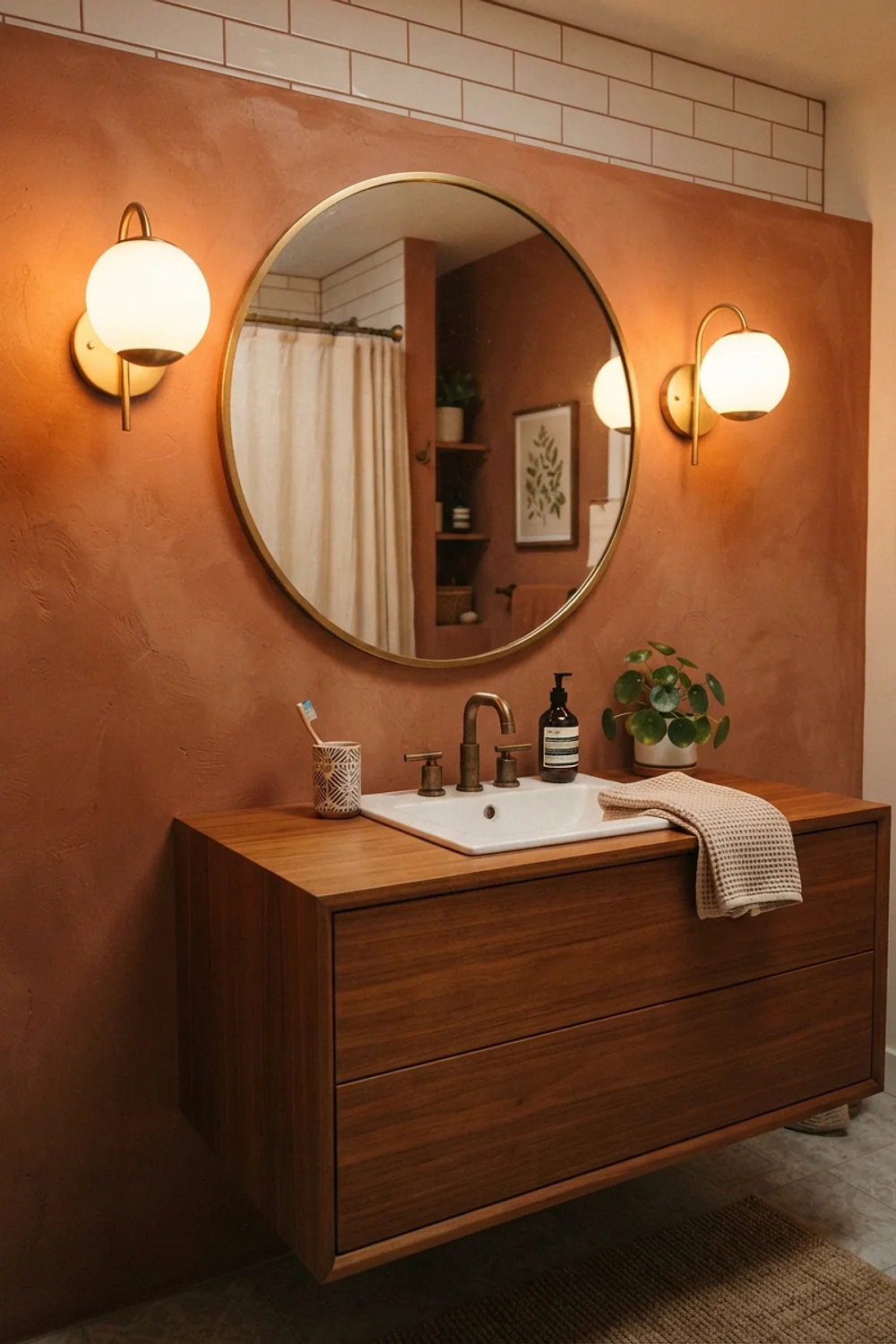 Two sconces flanking the mirror