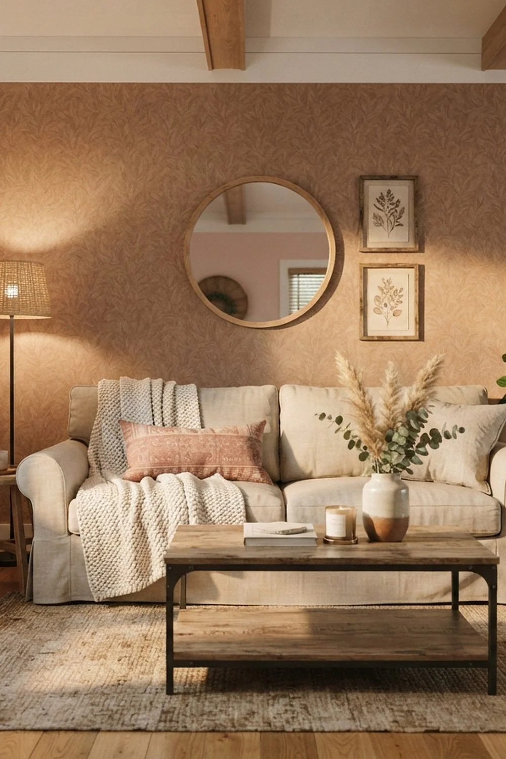 One wall of clay-toned peel-and-stick wallpaper