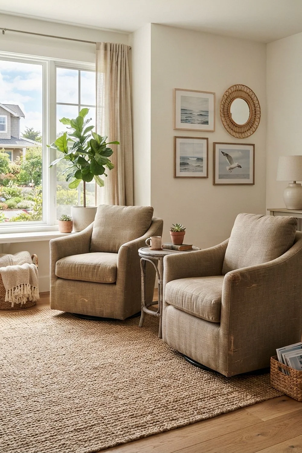 Two swivel chairs angled toward each