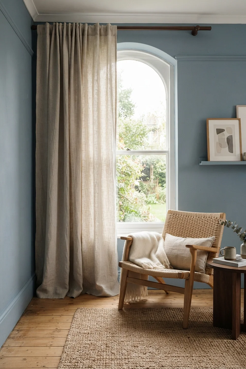 Floor-length linen curtain panels hung high