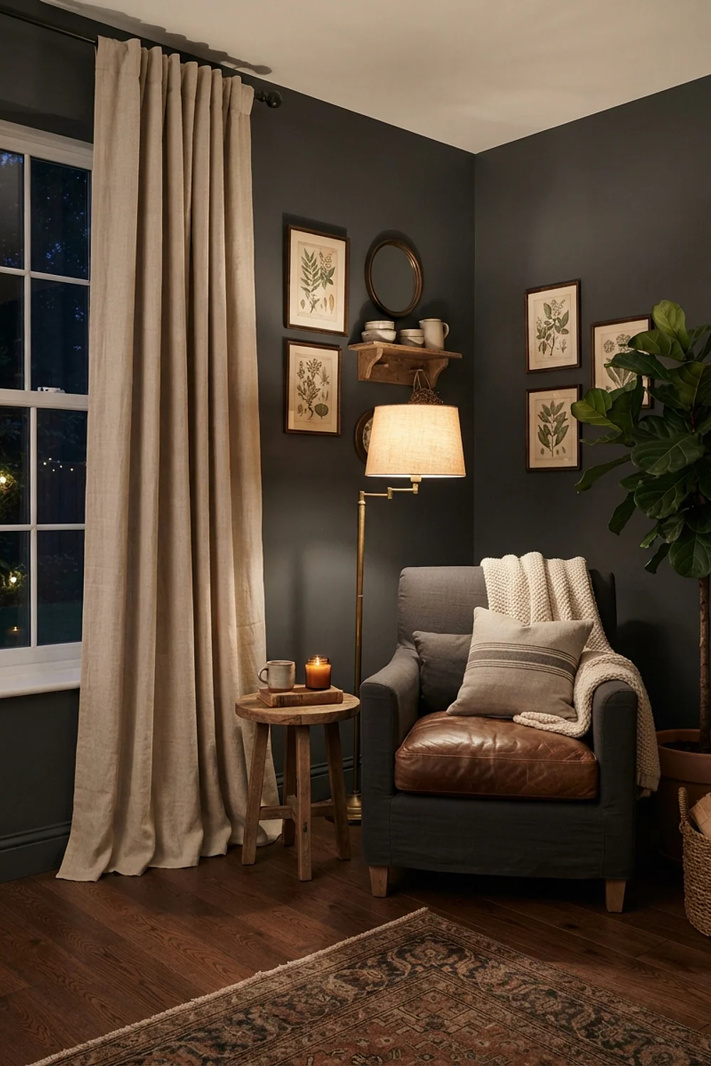 Floor-length linen curtains hung high