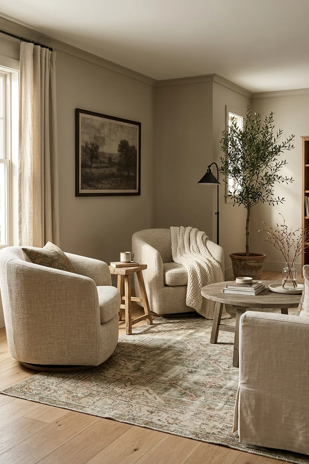 Two swivel barrel chairs facing