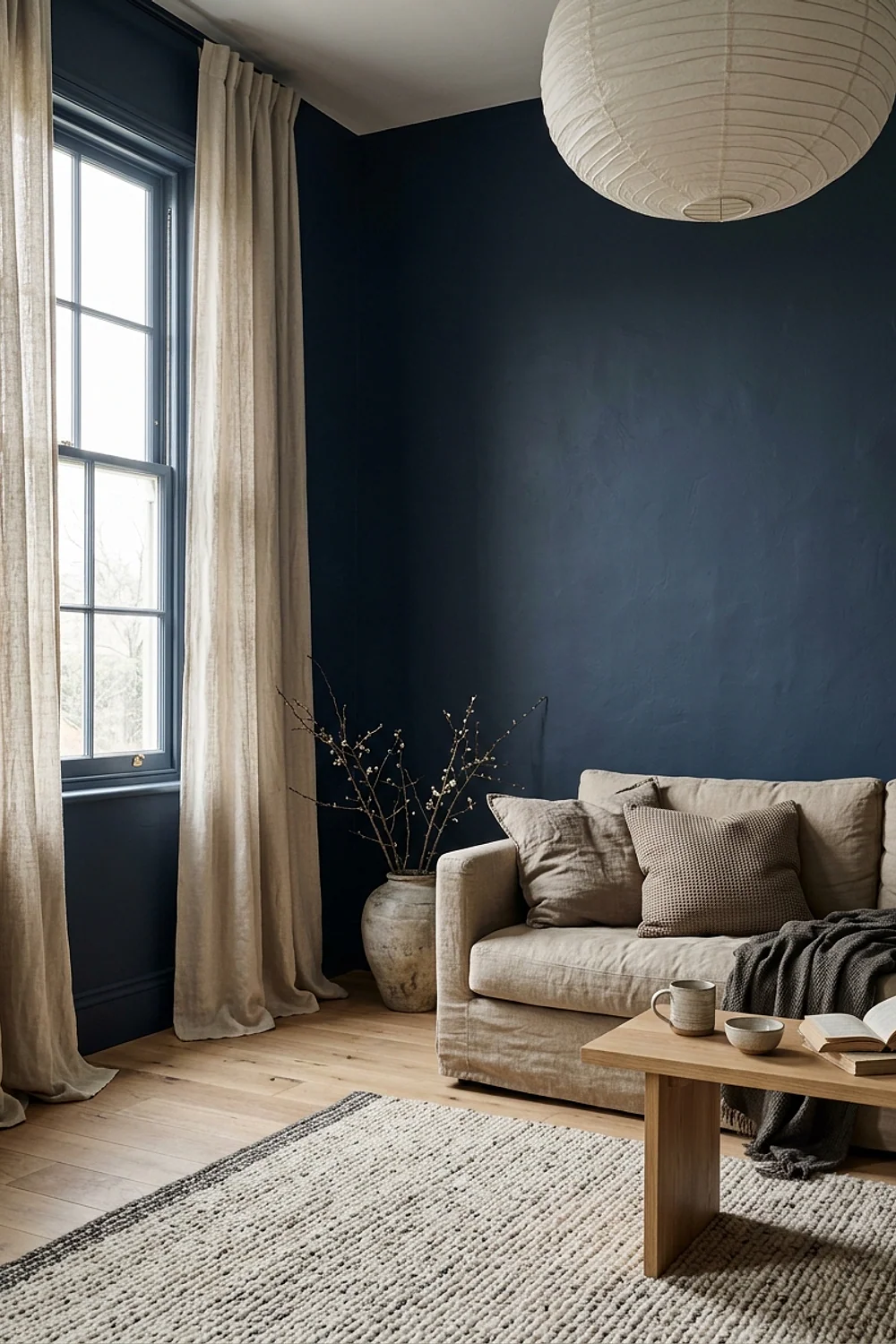 Floor-length linen panels hung high