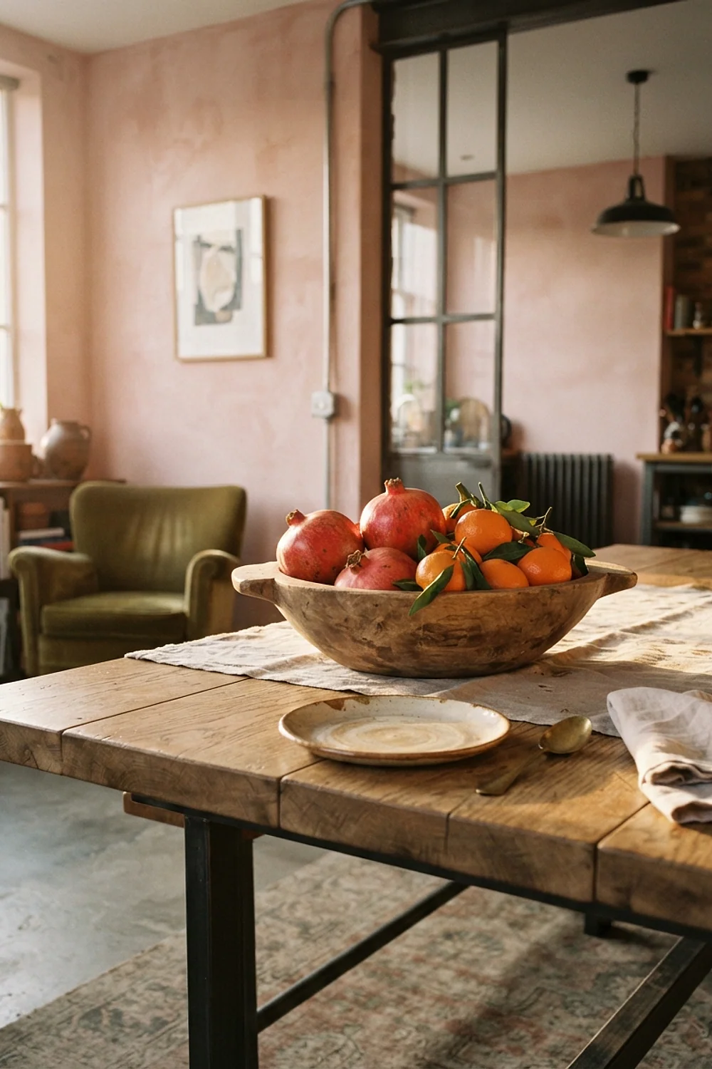 Wooden bowl of pomegranates and clementines