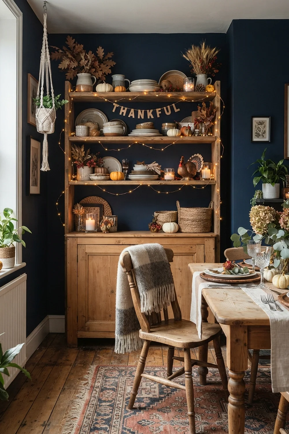 Fairy lights along open shelving