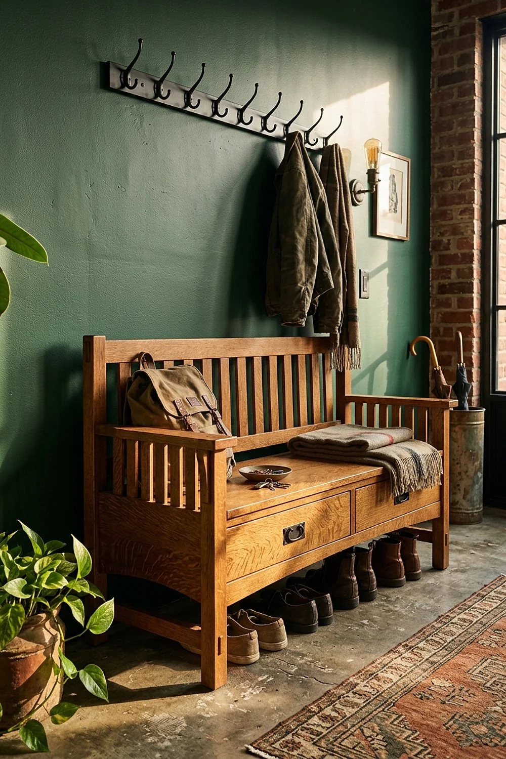 Quarter-sawn oak mission bench
