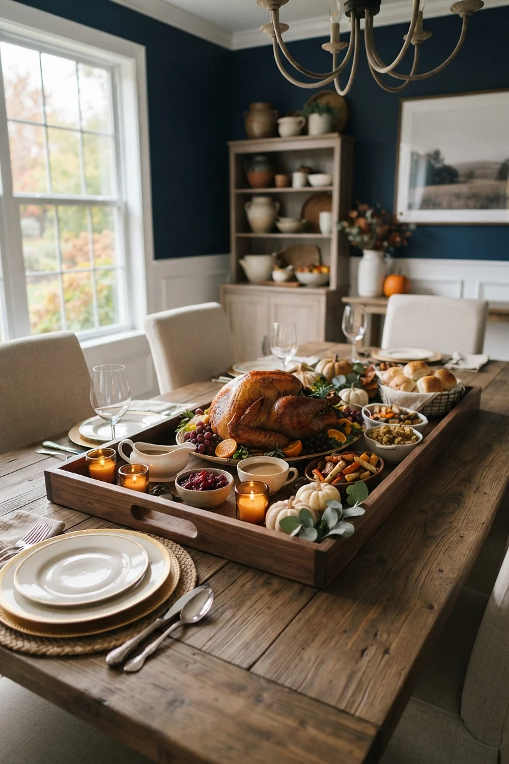 Low walnut tray down the center