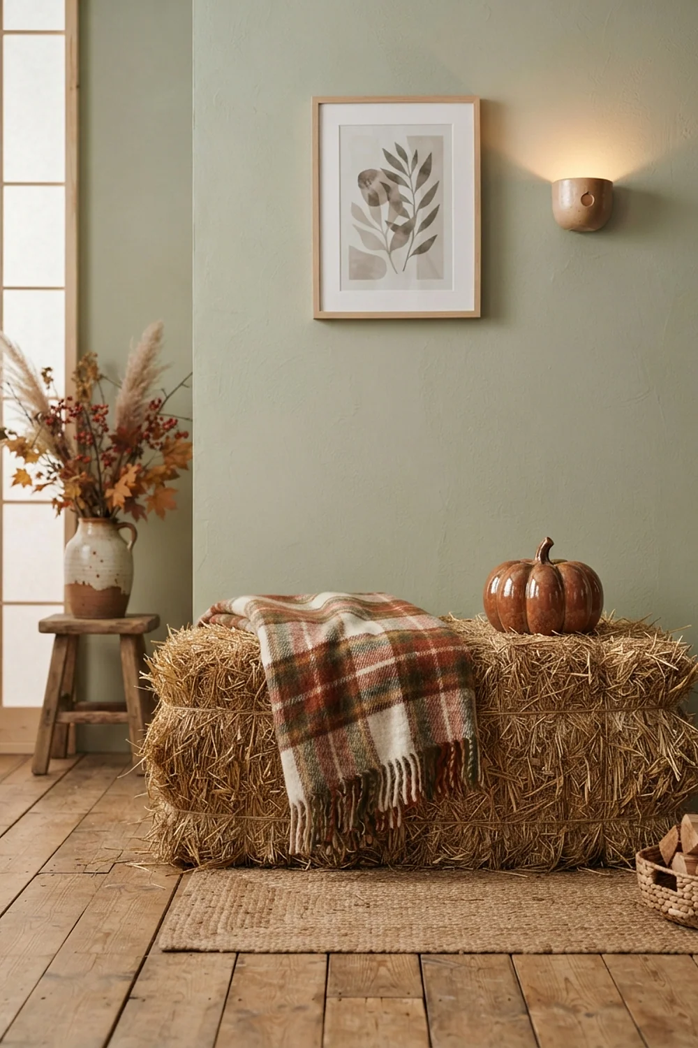 Hay bale bench topped