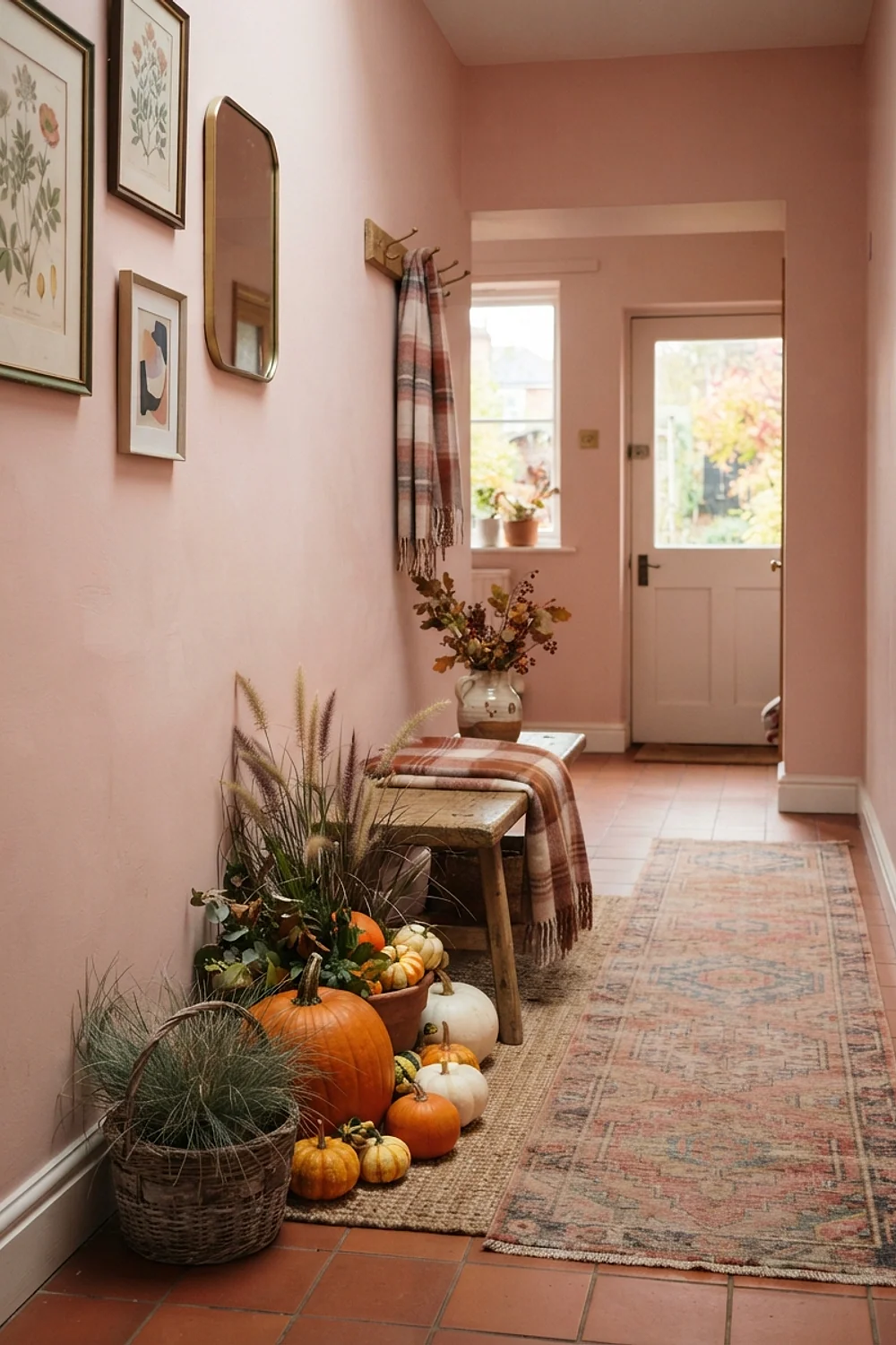 Mini pumpkins and potted grasses along