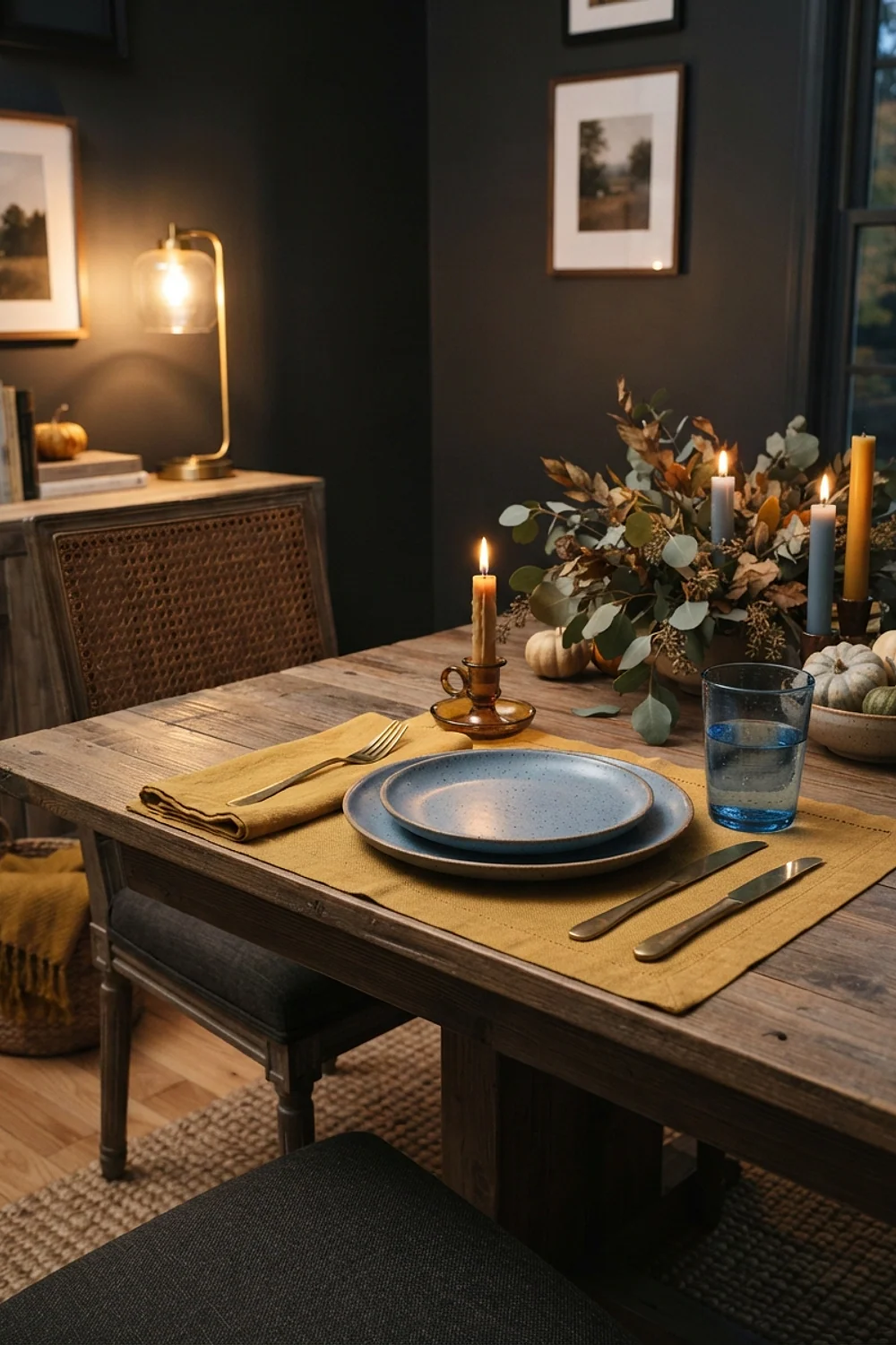 Dusty blue and mustard