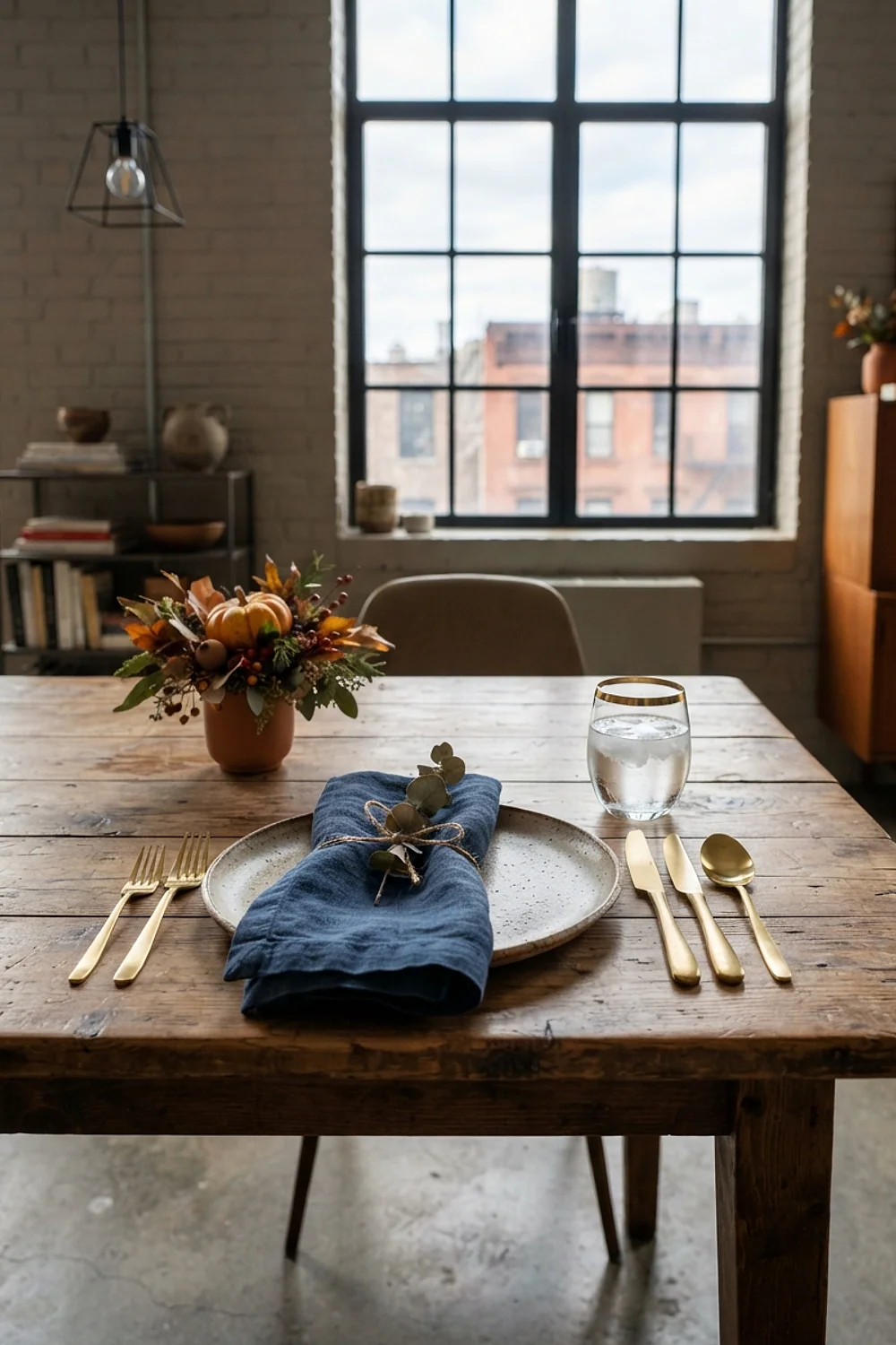 Navy napkins and brass flatware